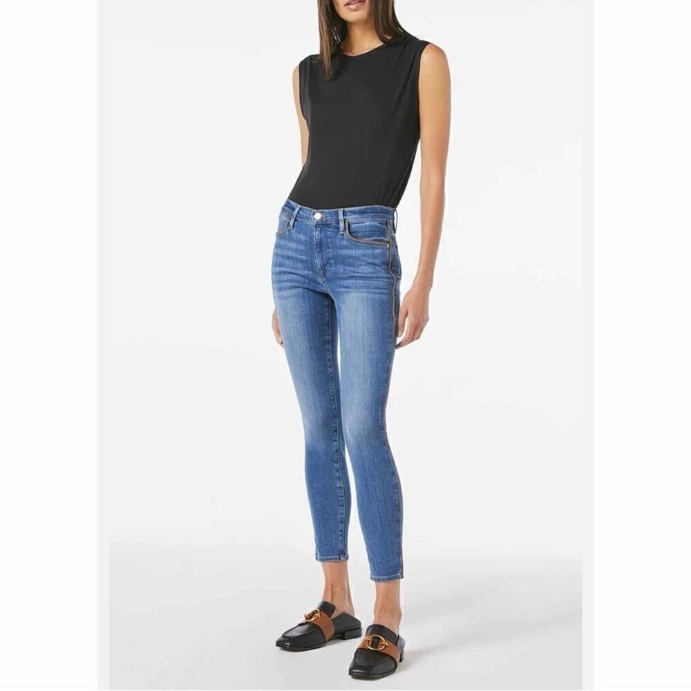 Frame Denim Le High Skinny Bonhill Side Seam Piping Crop‎ Jeans Blue Tan Size 25